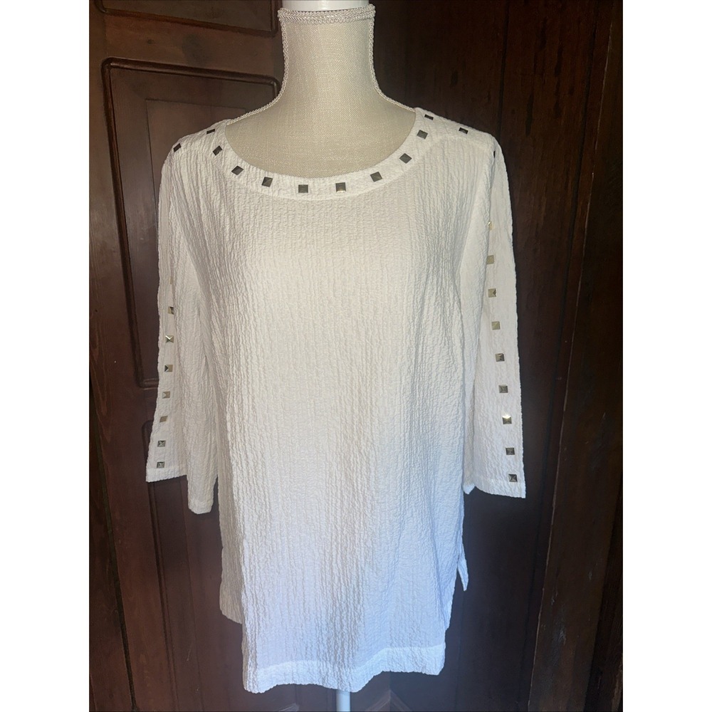 JM Collection Womens White Studded Scoop Neck Blouse Top Large EUC